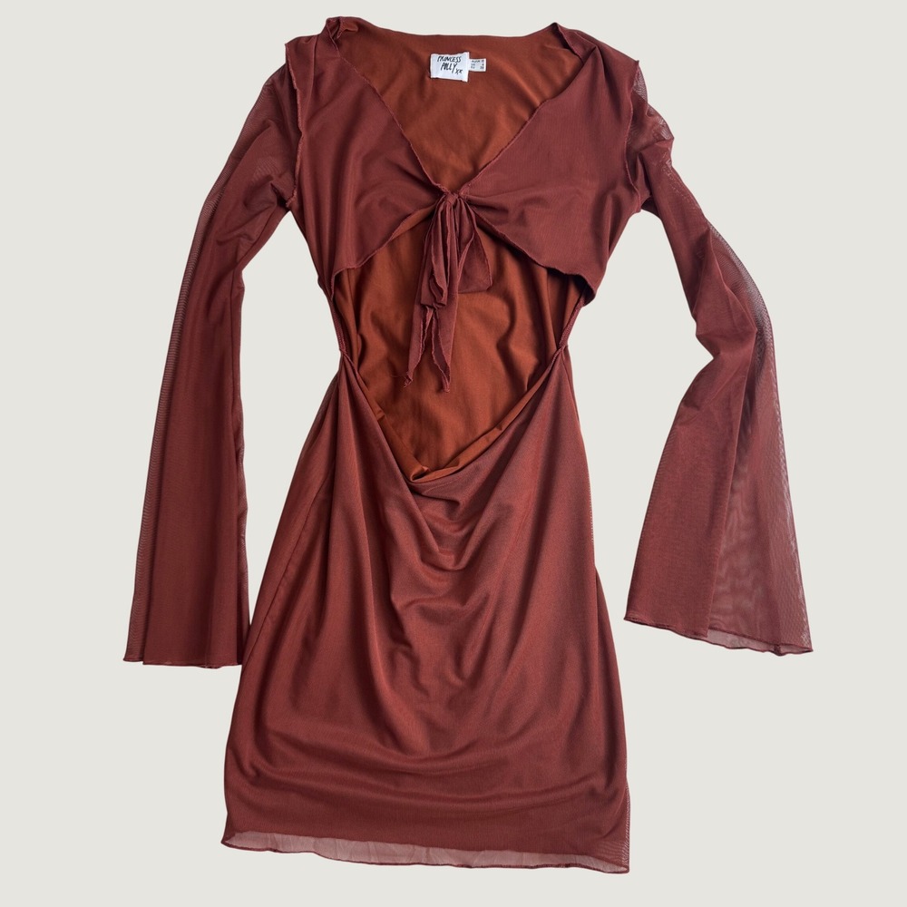 Euphoria Princess Polly Brown Mesh Y2K Cut Out Bell Sleeve Mini Dress US 6 - Picture 5 of 9